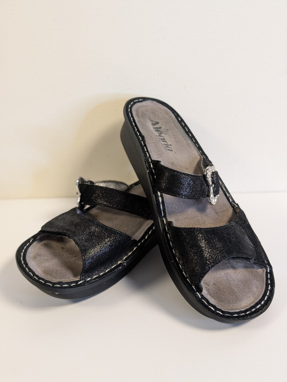 Alegria Black Shimmer Leather Comfort Slide Sandals Rhinestone Buckle EU 41